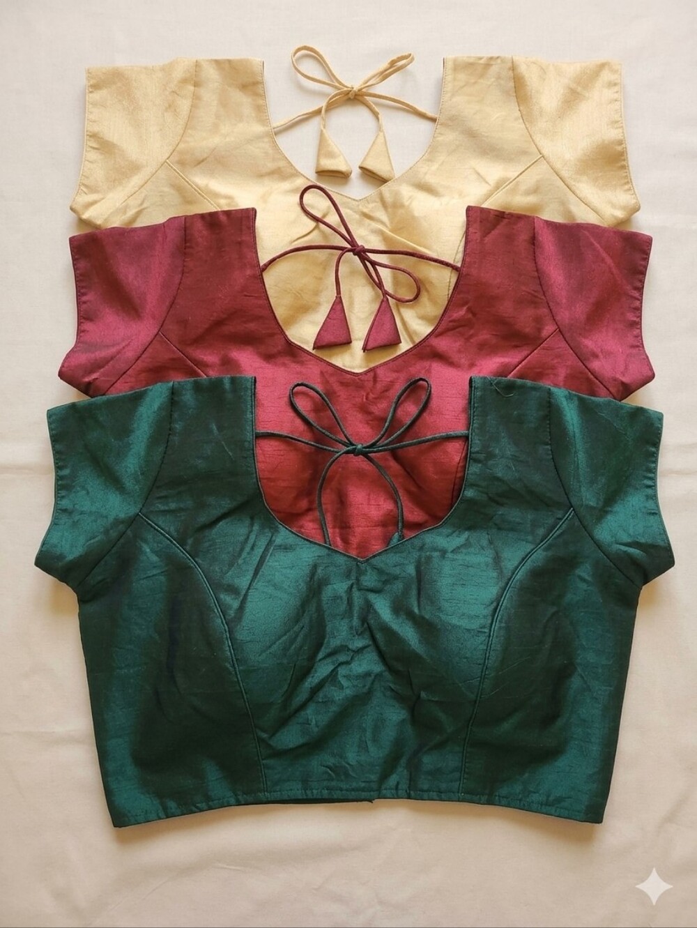 New  Set of 3 silk blend saree lehenga gold, maroon & green blouse Size M, XL